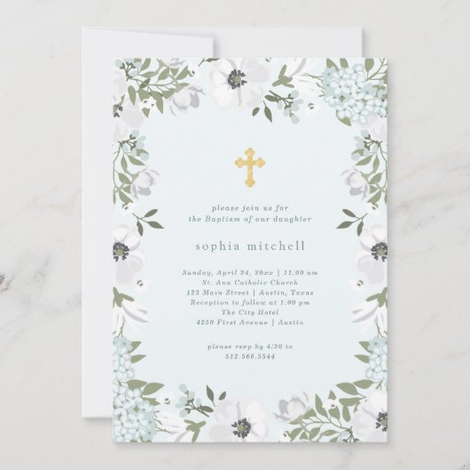 青の美しいグレーと白のフローラ|洗礼 招待状 (正面)
