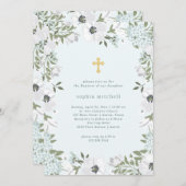 青の美しいグレーと白のフローラ|洗礼 招待状 (正面/裏面)