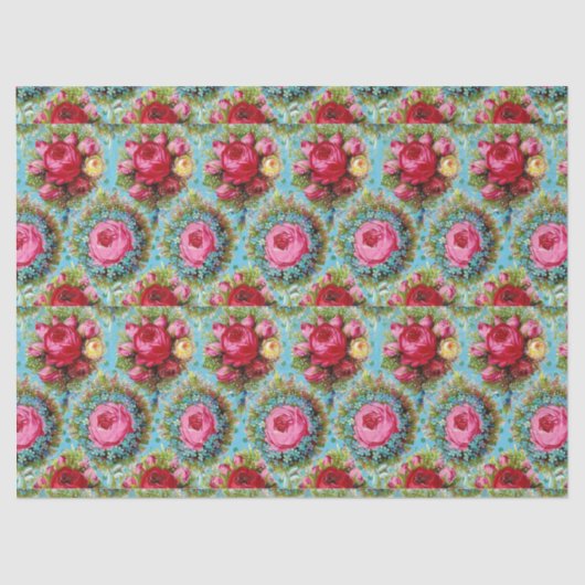 青の美しい赤ピンクの黄色のバラ 薄葉紙 (正面)