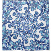 青の花と葉の曼荼羅 シャワーカーテン (正面)