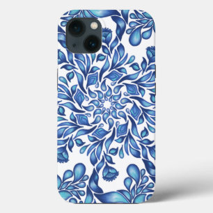 青の花と葉の曼荼羅 iPhone 13ケース