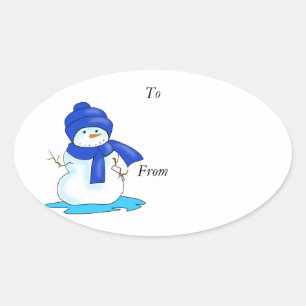 青の雪だるま付きのToおよびFromラベル 楕円形シール