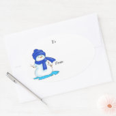青の雪だるま付きのToおよびFromラベル 楕円形シール (封筒)