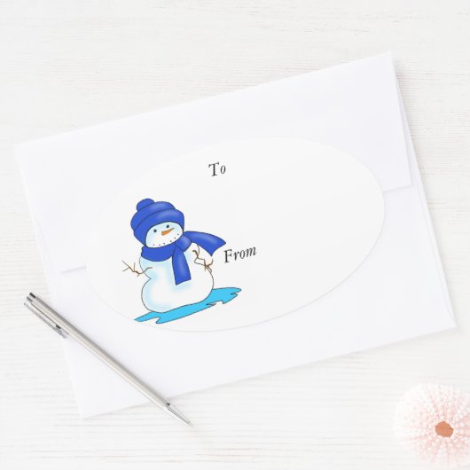 青の雪だるま付きのToおよびFromラベル 楕円形シール (封筒)