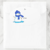 青の雪だるま付きのToおよびFromラベル 楕円形シール (バッグ)