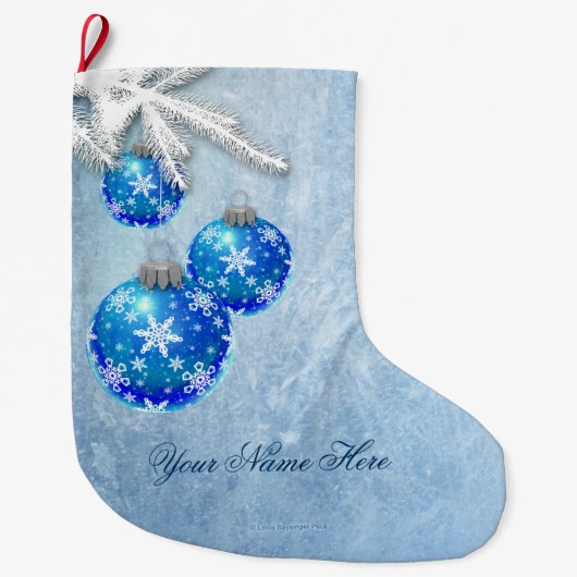 青の雪片はフロストを飾ります ラージクリスマスストッキング (正面)