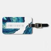 青の青およびティール(緑がかった色)の瑪瑙のGeodeのかわいらしい石 ラゲッジタグ (正面横)