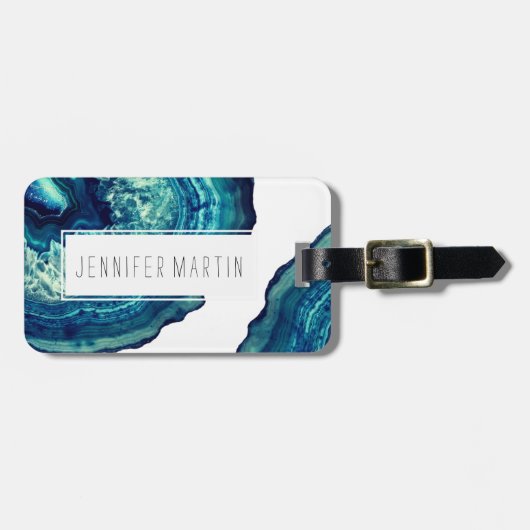 青の青およびティール(緑がかった色)の瑪瑙のGeodeのかわいらしい石 ラゲッジタグ (正面横)