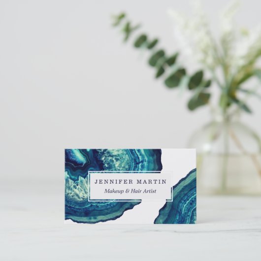 青の青およびティール(緑がかった色)の瑪瑙のGeodeのかわいらしい石 名刺 (スタンド正面)