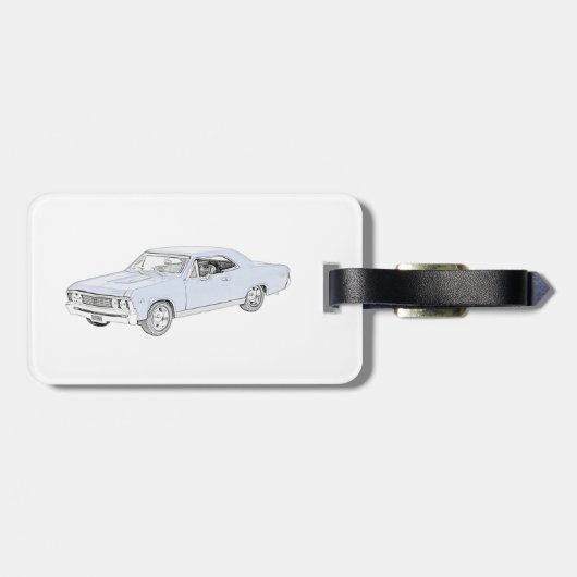 青の1967年のChevy Chevelleの鉛筆のスタイルのスケッチ ラゲッジタグ (裏面横)