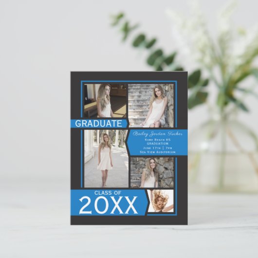 青の5枚写真のコラージュ卒業発表 ポストカード (スタンド正面)