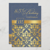 青の85th誕生会の招待の金ダマスク織 招待状 (正面/裏面)