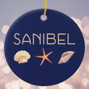 青のSanibelの島の貝殻 セラミックオーナメント