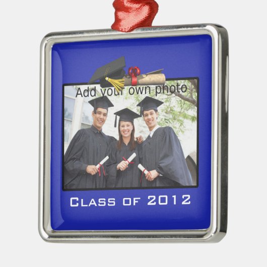 青はあなたの写真/年の卒業を加えます メタルオーナメント (左)