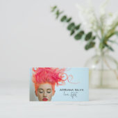 青はっきりしたとピンクの髪の美容師 名刺 (スタンド正面)