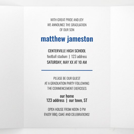 青はっきりしたとモダン写真の卒業 三つ折り招待状 (内部中)