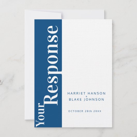 青はっきりしたと白の文字の結婚返信RSVP 招待状 (正面)