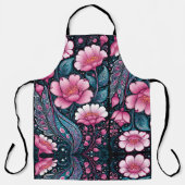 青はっきりしたと黒のピンクの花 エプロン (正面)
