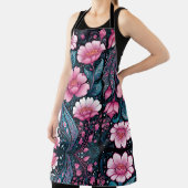 青はっきりしたと黒のピンクの花 エプロン (インサイチュ)