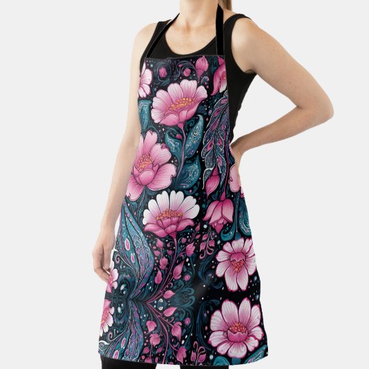 青はっきりしたと黒のピンクの花 エプロン (インサイチュ)
