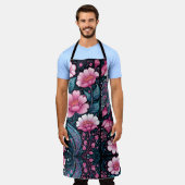 青はっきりしたと黒のピンクの花 エプロン (着用した状態)