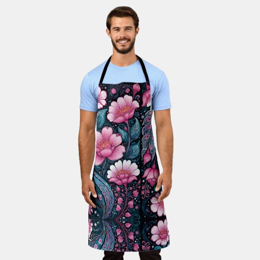 青はっきりしたと黒のピンクの花 エプロン (着用した状態)