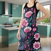 青はっきりしたと黒のピンクの花 エプロン