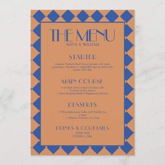 青はっきりしたファンキーレトロチェッカ結婚ーボード メニュー (正面)
