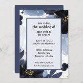 青はっきりしたモダンフローラ結婚式招待状 招待状 (正面/裏面)