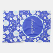 青はっきりした色花柄 キッチンタオル (横)