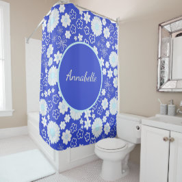 青はっきりした色花柄 シャワーカーテン