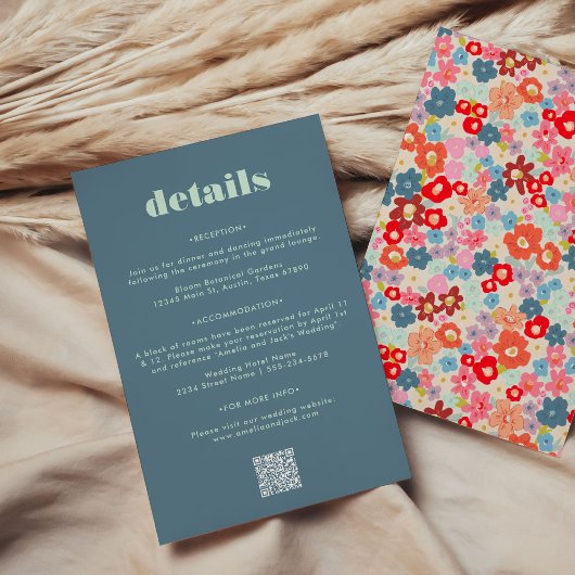 青はっきりした色QRコード結婚のゲスト情報カード 出欠カード