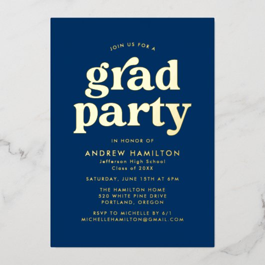 青はっきりした金ゴールド写真卒業パーティー 箔招待状 (正面)