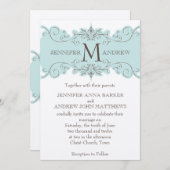 青はクリーム色の結婚式招待状モノグラムの渦巻きます 招待状 (正面/裏面)