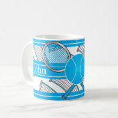 青はテニスのデザインを個人化します コーヒーマグカップ (正面左)