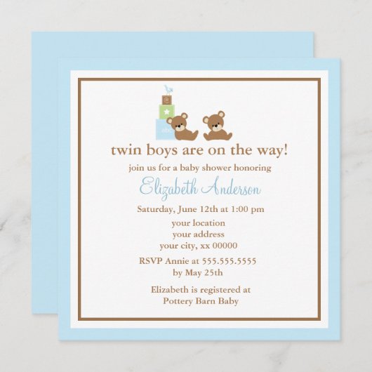 青は双生児のベビーシャワーに耐えます 招待状 (正面/裏面)