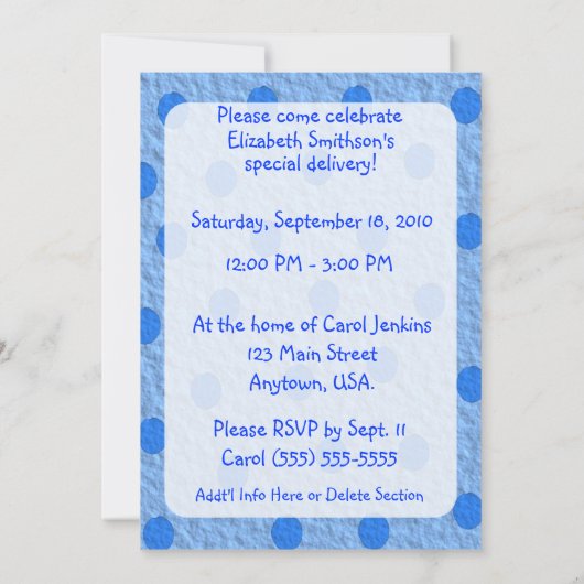 青は封筒の男の子のベビーシャワー招待状に点を打ちます 招待状 (裏面)