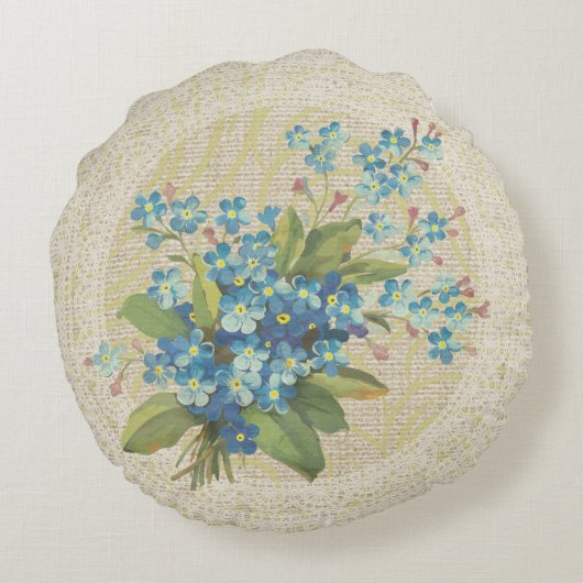 青は私をない忘れましたり及び花のヴィンテージの枕をひもで締めます ラウンドクッション (裏面)