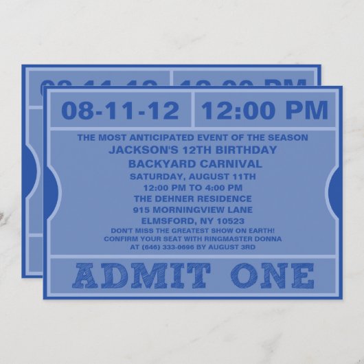 青は1つのチケットの招待状の誕生会を是認します 招待状 (正面/裏面)