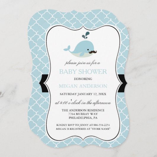 青ひげ鯨かわいい男の子の赤ちゃんシャワー 招待状 (正面/裏面)