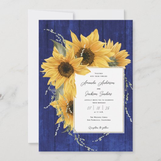 青ひまわり素朴をテーマにしたカントリーウェディング 招待状 (正面)