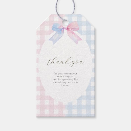 青またはピンクのギンガムボウ長方形メッセージカード ギフトタグ (正面)