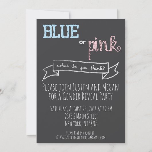 青またはピンクのジェンダーが赤ちゃんシャワーを明らかにする招待状 招待状 (正面)