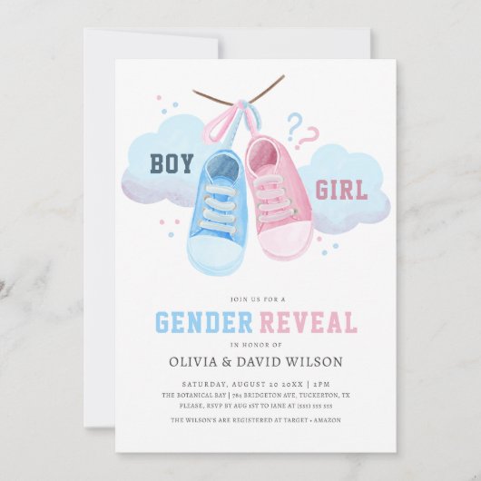 青またはピンクのスニーカーの性別の表示 招待状 (正面)