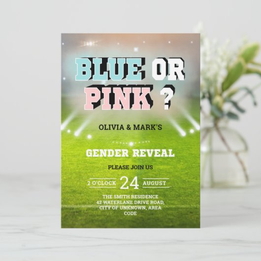 青またはピンクのスポーツスタジアムジェンダーの表示 招待状 (スタンド正面)