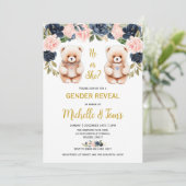 青またはピンクのテディベア性別リビールデータパーティー 招待状 (スタンド正面)