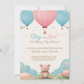 青またはピンクのテディベア性別リビールデータパーティー 招待状 (正面)