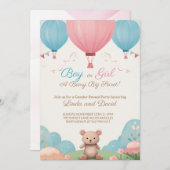 青またはピンクのテディベア性別リビールデータパーティー 招待状 (正面/裏面)