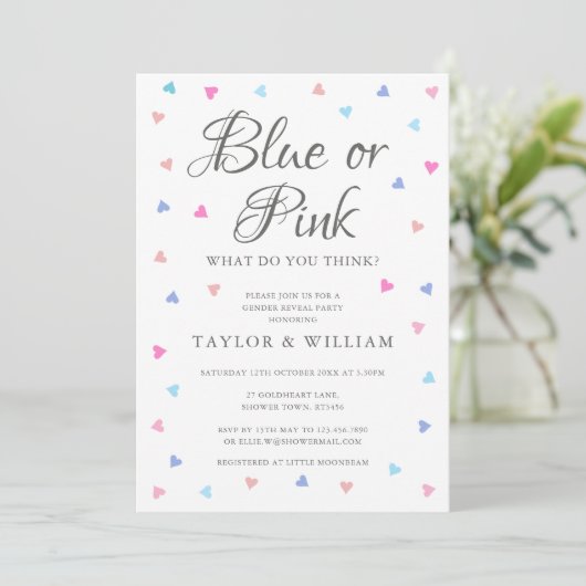 青またはピンクのハート性別によるパーティーの表示 招待状 (スタンド正面)