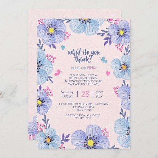 青またはピンクのフローラの性別表示招待状 招待状 (正面/裏面)